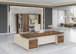 Empire Executive Desk 2.4m-Walnut & Beige Grey with LED Panel