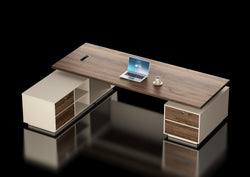 Empire Executive Desk 2.4m-Walnut & Beige Grey with LED Panel
