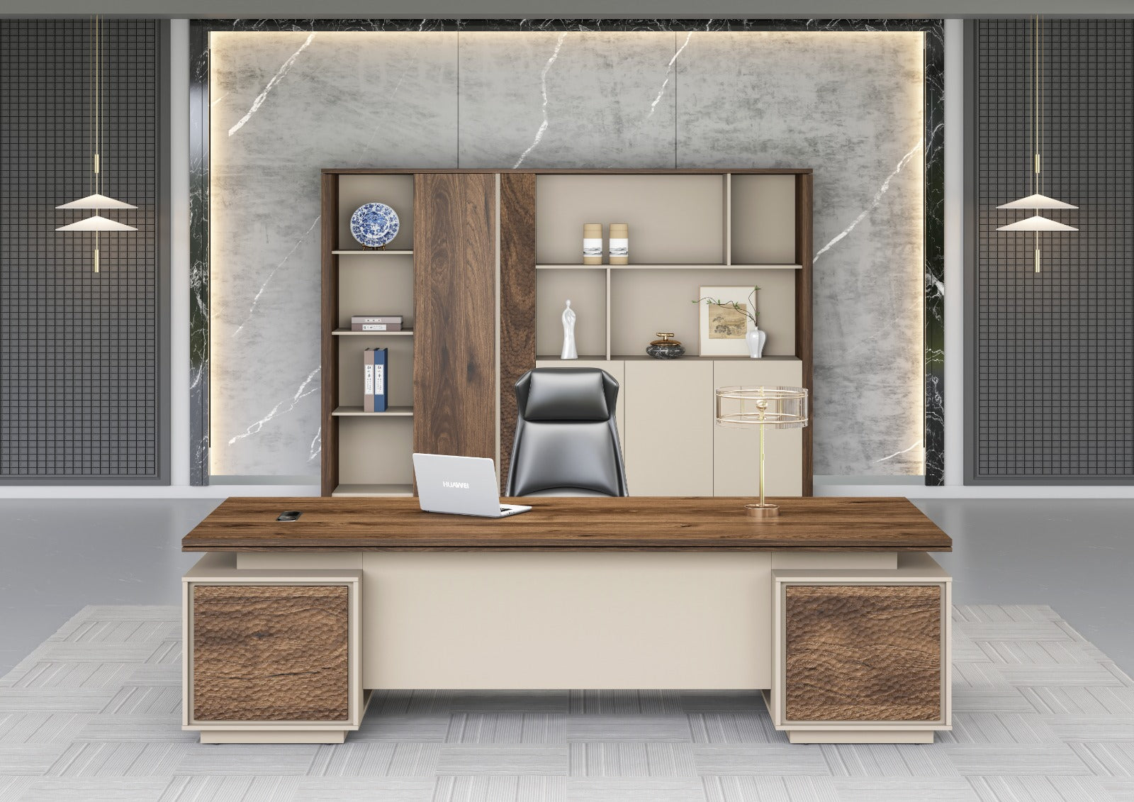 Empire File Cabinet 2.4m – Verge Walnut & Elegance Grey With LED