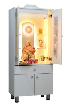 F C Ornamental Designer Wooden Mandir with Pocket Doors in White Finish