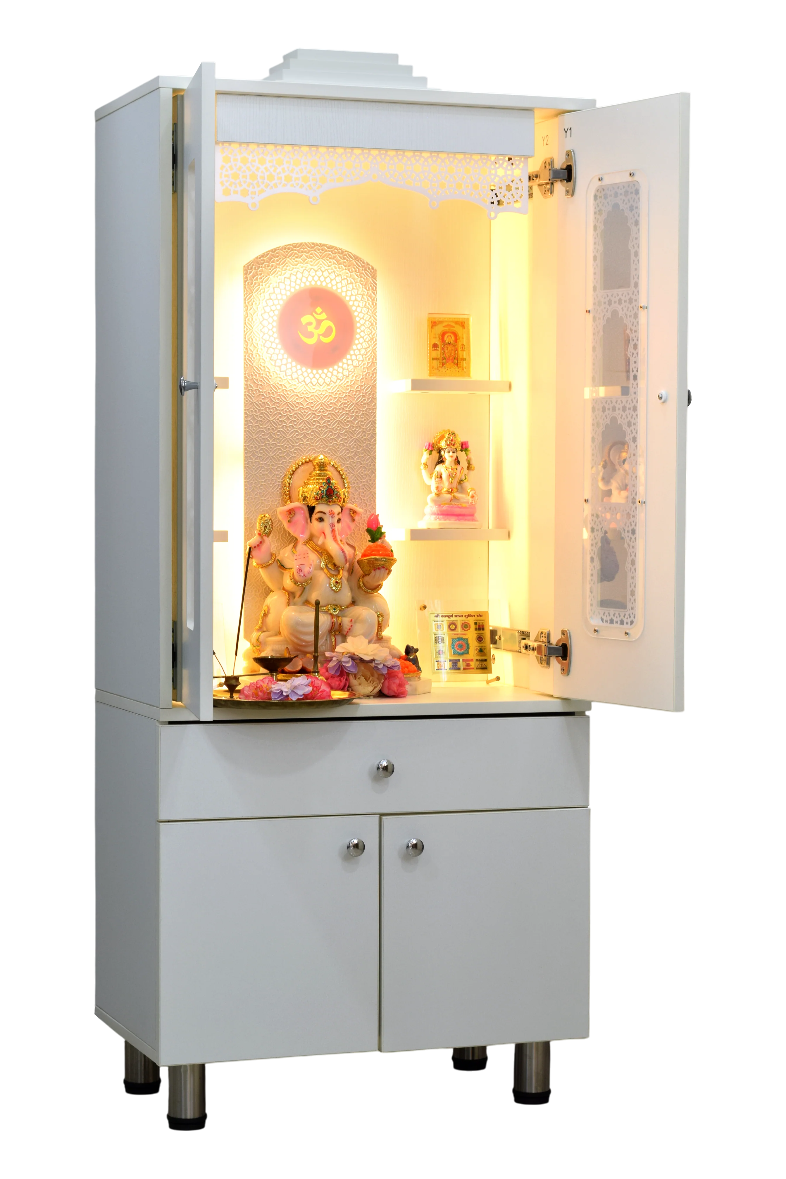 F C Ornamental Designer Wooden Mandir with Pocket Doors in White Finish