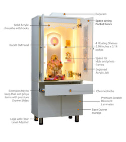 F C Ornamental Designer Wooden Mandir with Pocket Doors in White Finish