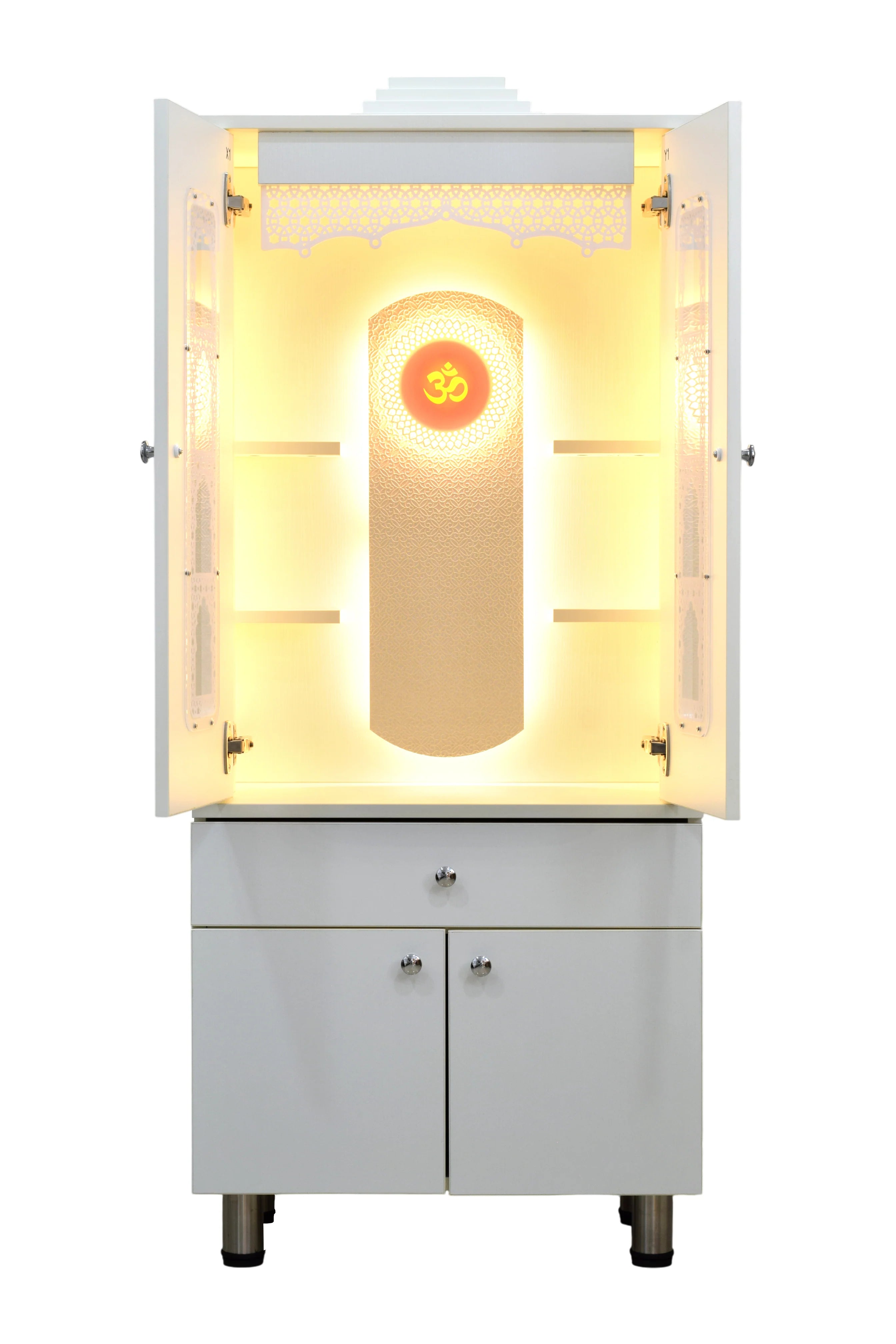 F C Ornamental Designer Wooden Mandir with Pocket Doors in White Finish