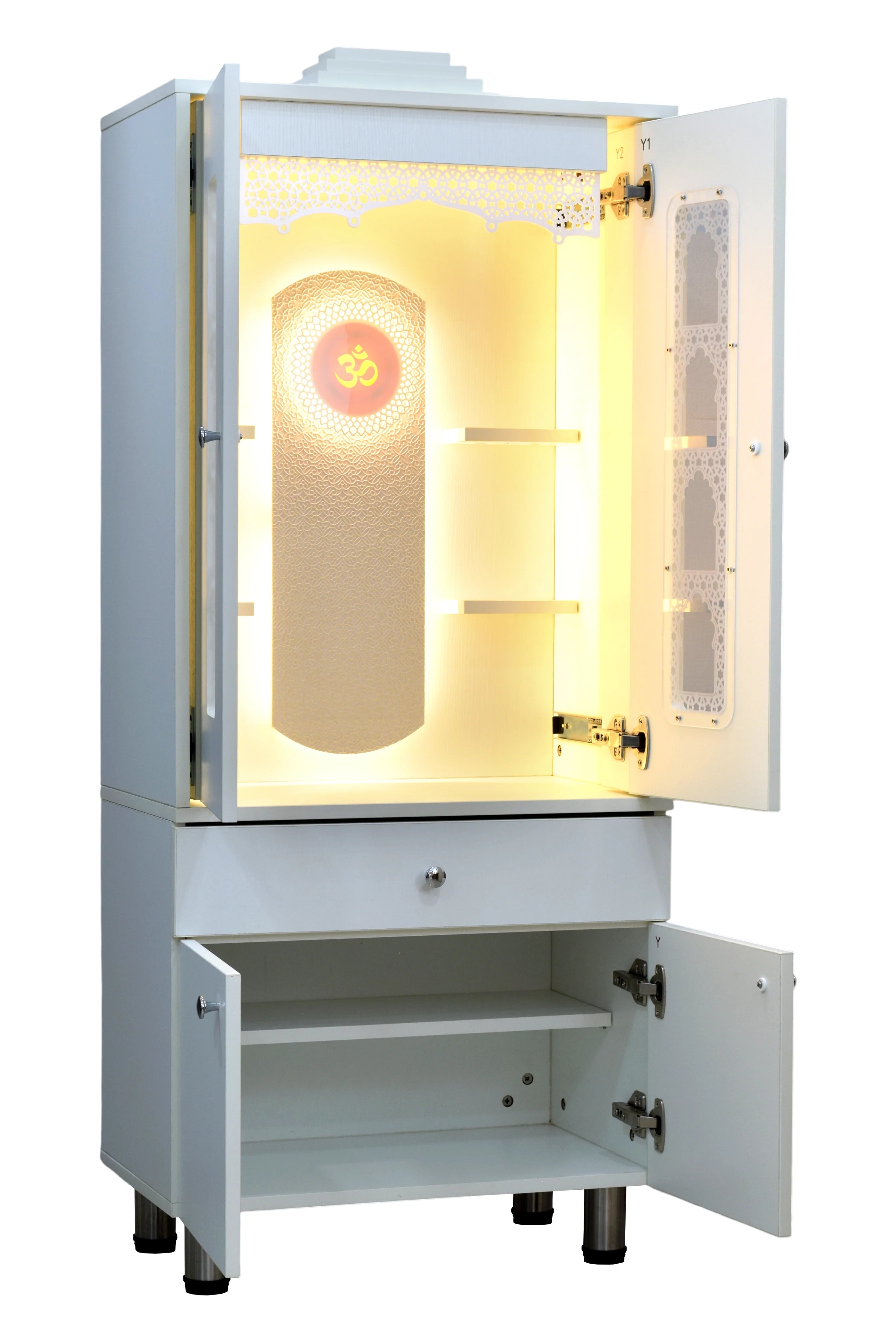 F C Ornamental Designer Wooden Mandir with Pocket Doors in White Finish