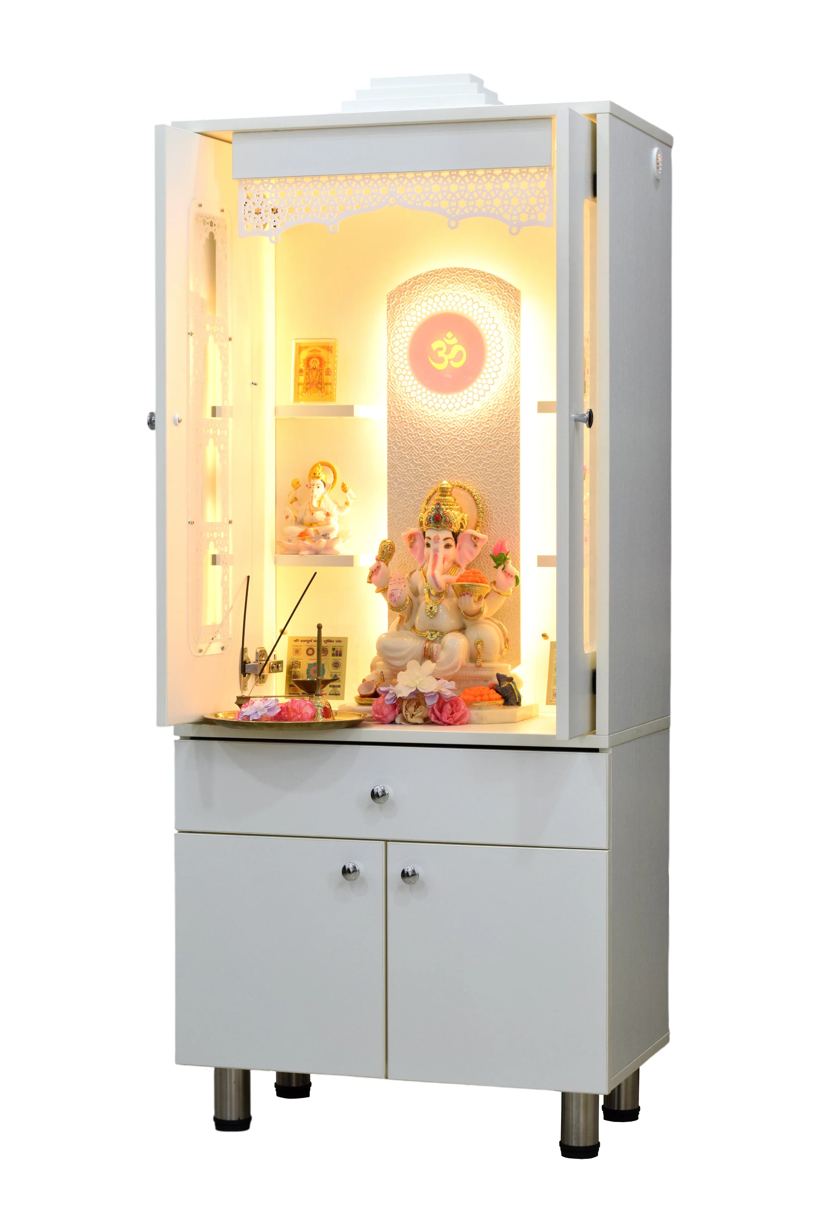 F C Ornamental Designer Wooden Mandir with Pocket Doors in White Finish
