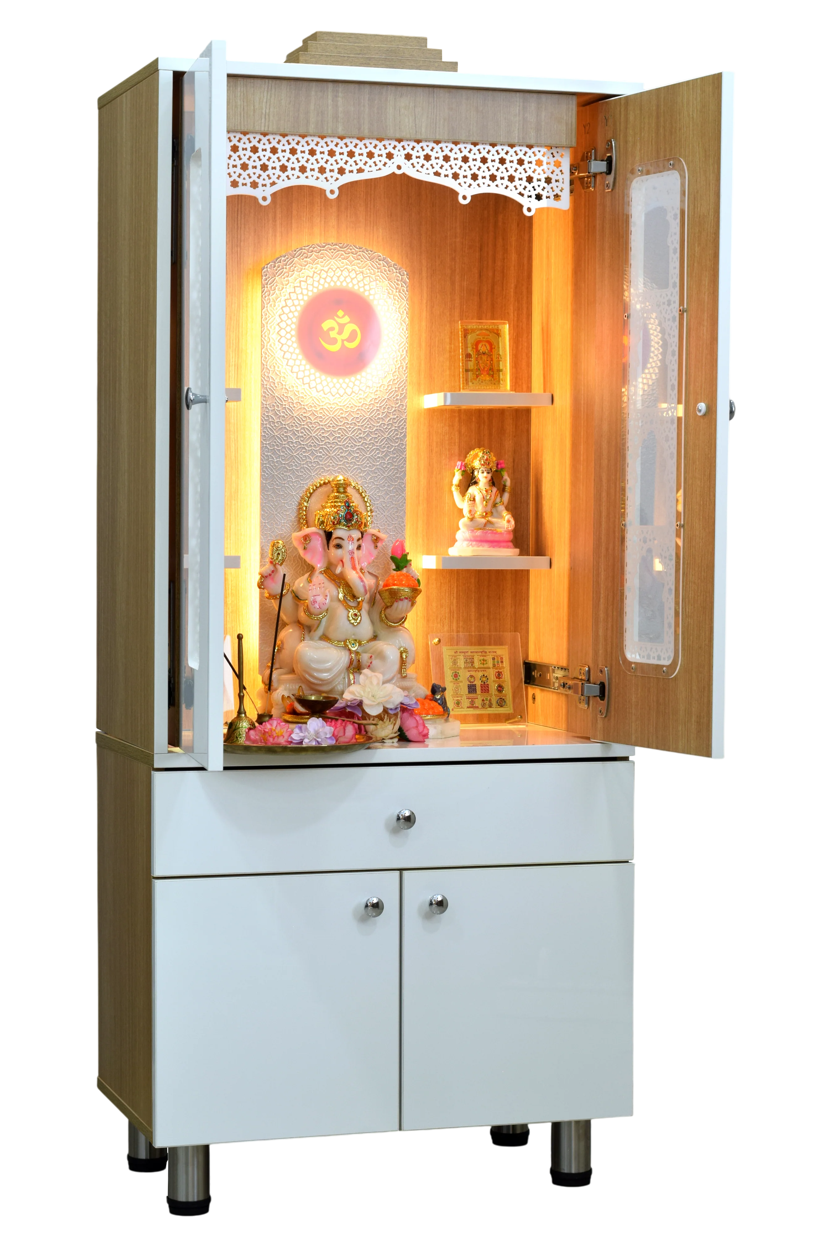 FC Designer Wooden Mandir with Pocket Doors & LED Lighting