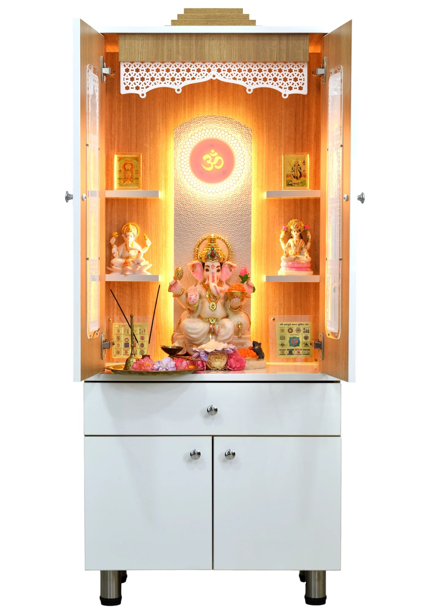 FC Designer Wooden Mandir with Pocket Doors & LED Lighting