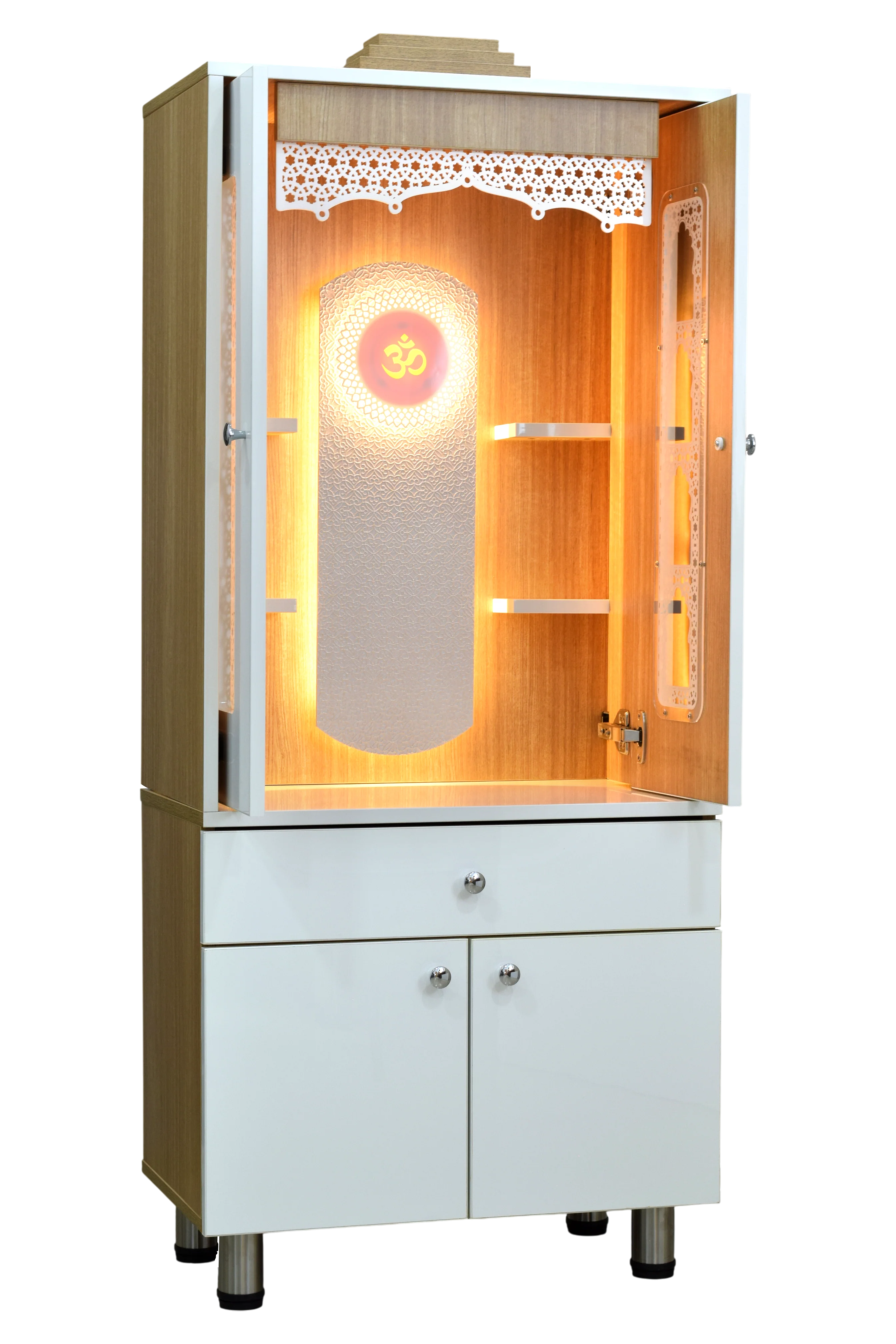 FC Designer Wooden Mandir with Pocket Doors & LED Lighting