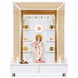 F C Wooden Pooja Mandir with Twin Drawers and Ledges wide