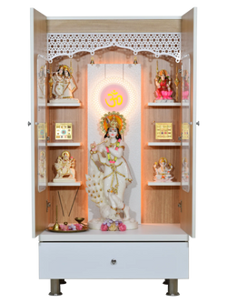 F C Premium Mandir for Home with LED Lighting & Drawer Storage