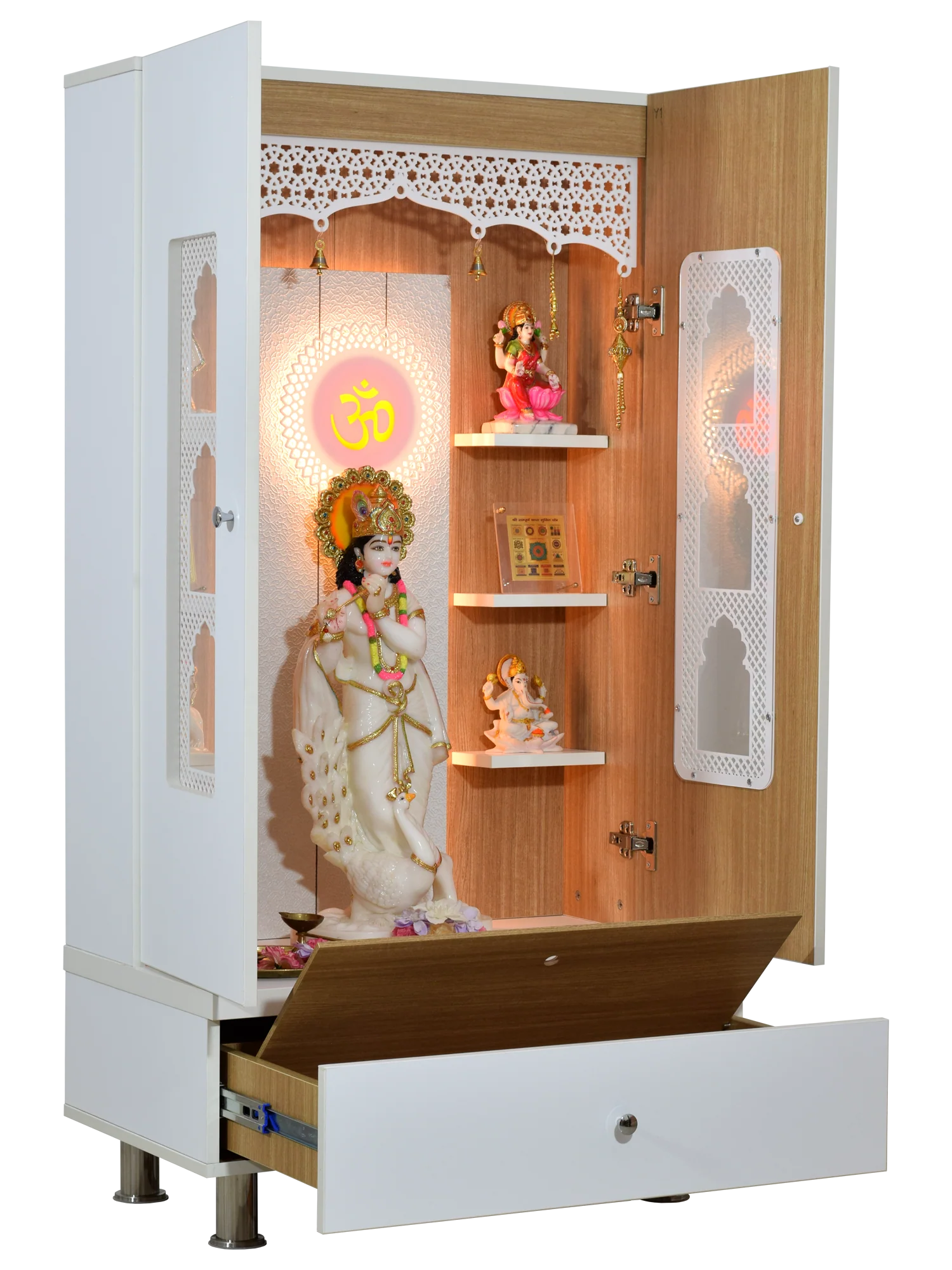 F C Premium Mandir for Home with LED Lighting & Drawer Storage