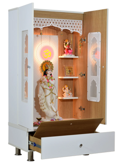 F C Premium Mandir for Home with LED Lighting & Drawer Storage