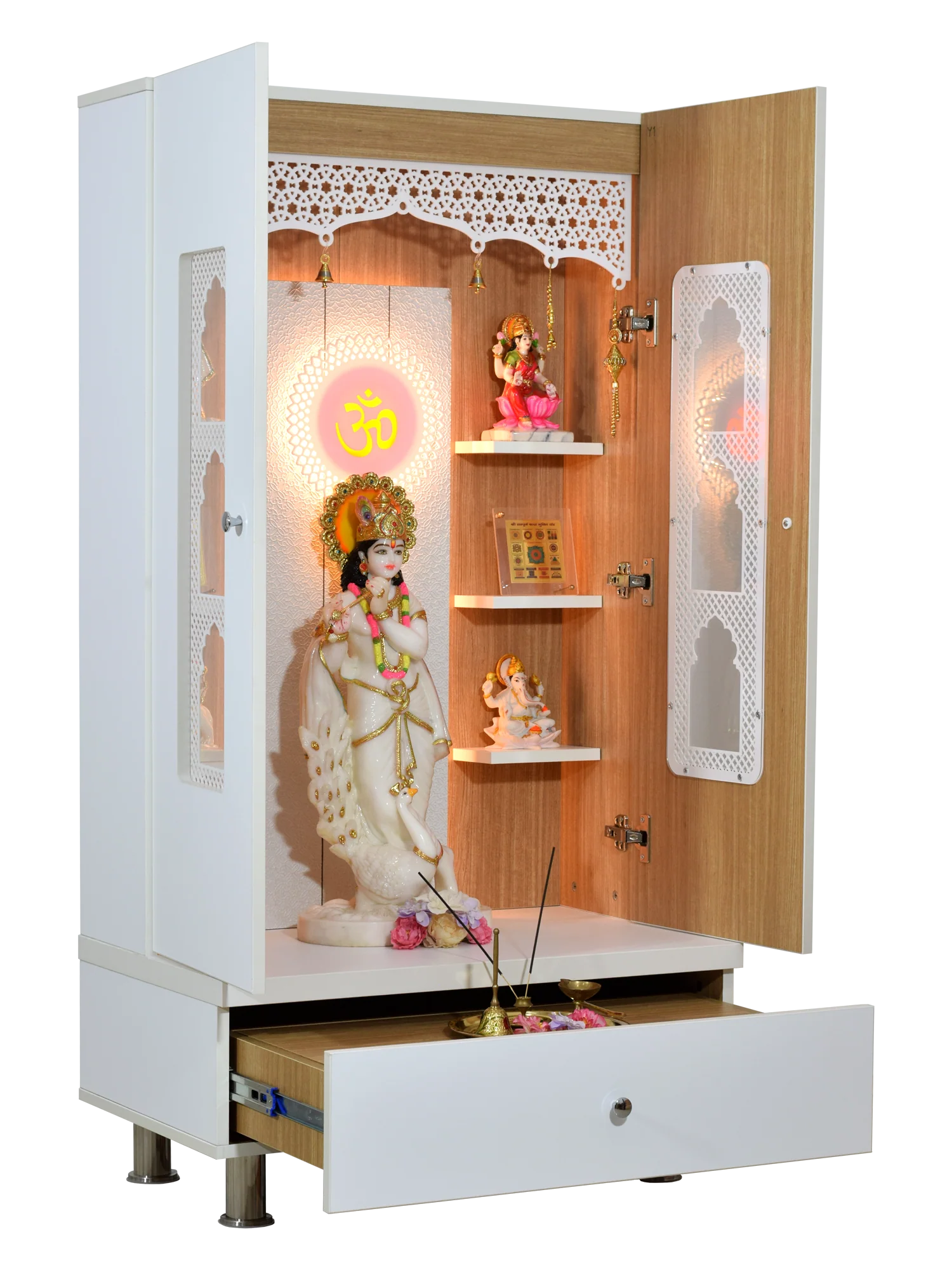 F C Premium Mandir for Home with LED Lighting & Drawer Storage
