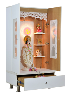 F C Premium Mandir for Home with LED Lighting & Drawer Storage