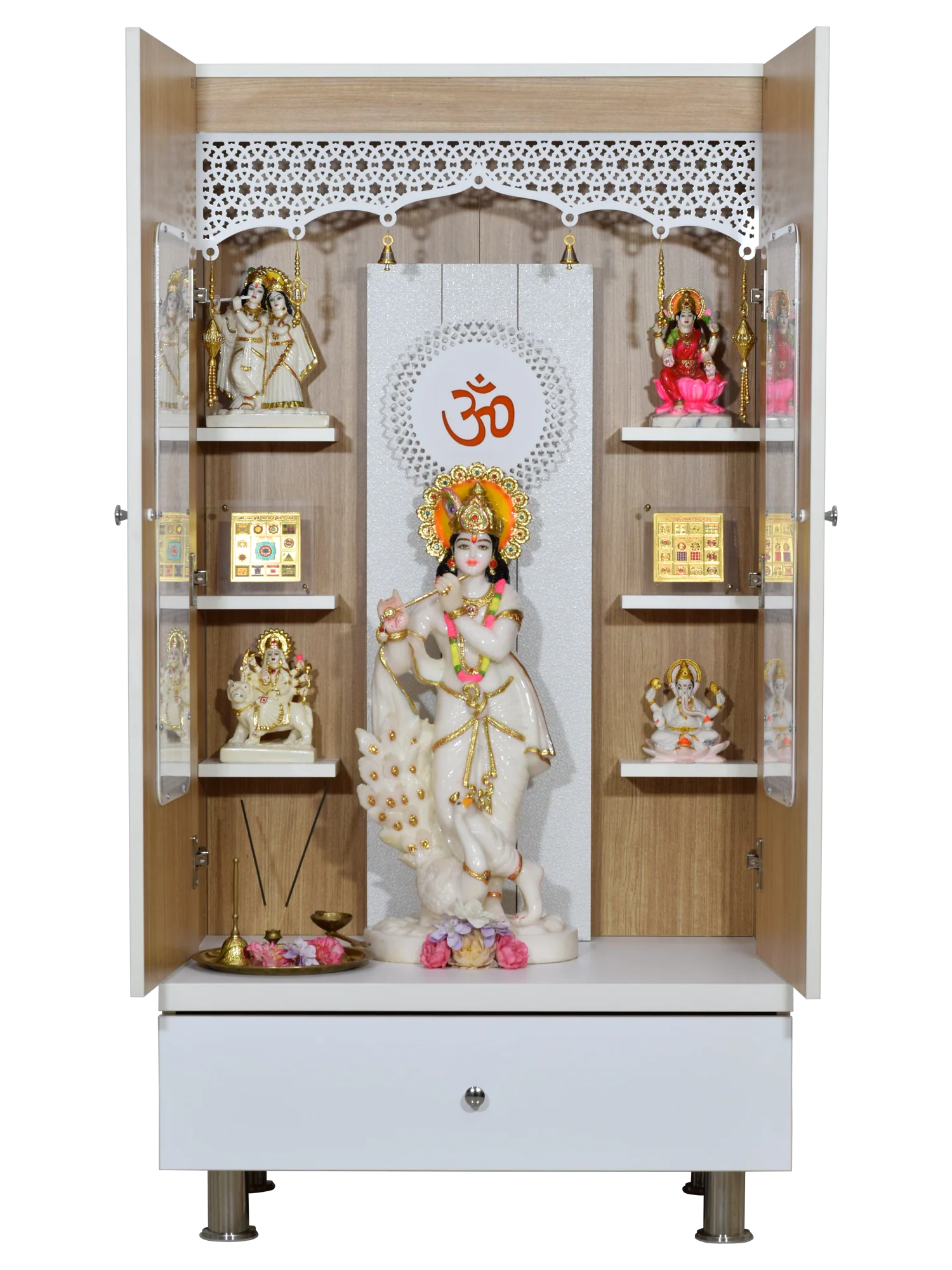 F C Premium Mandir for Home with LED Lighting & Drawer Storage