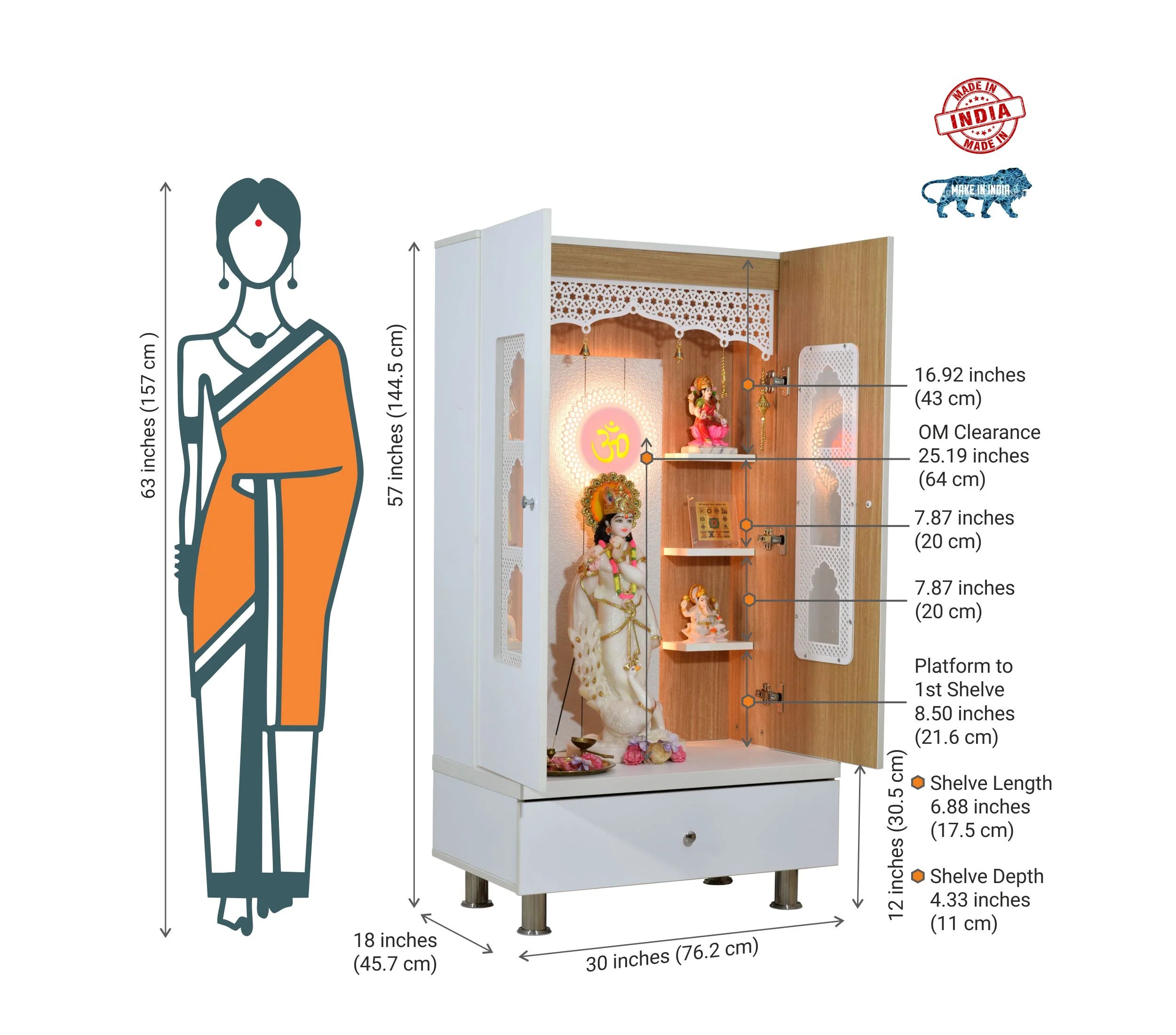 F C Premium Mandir for Home with LED Lighting & Drawer Storage