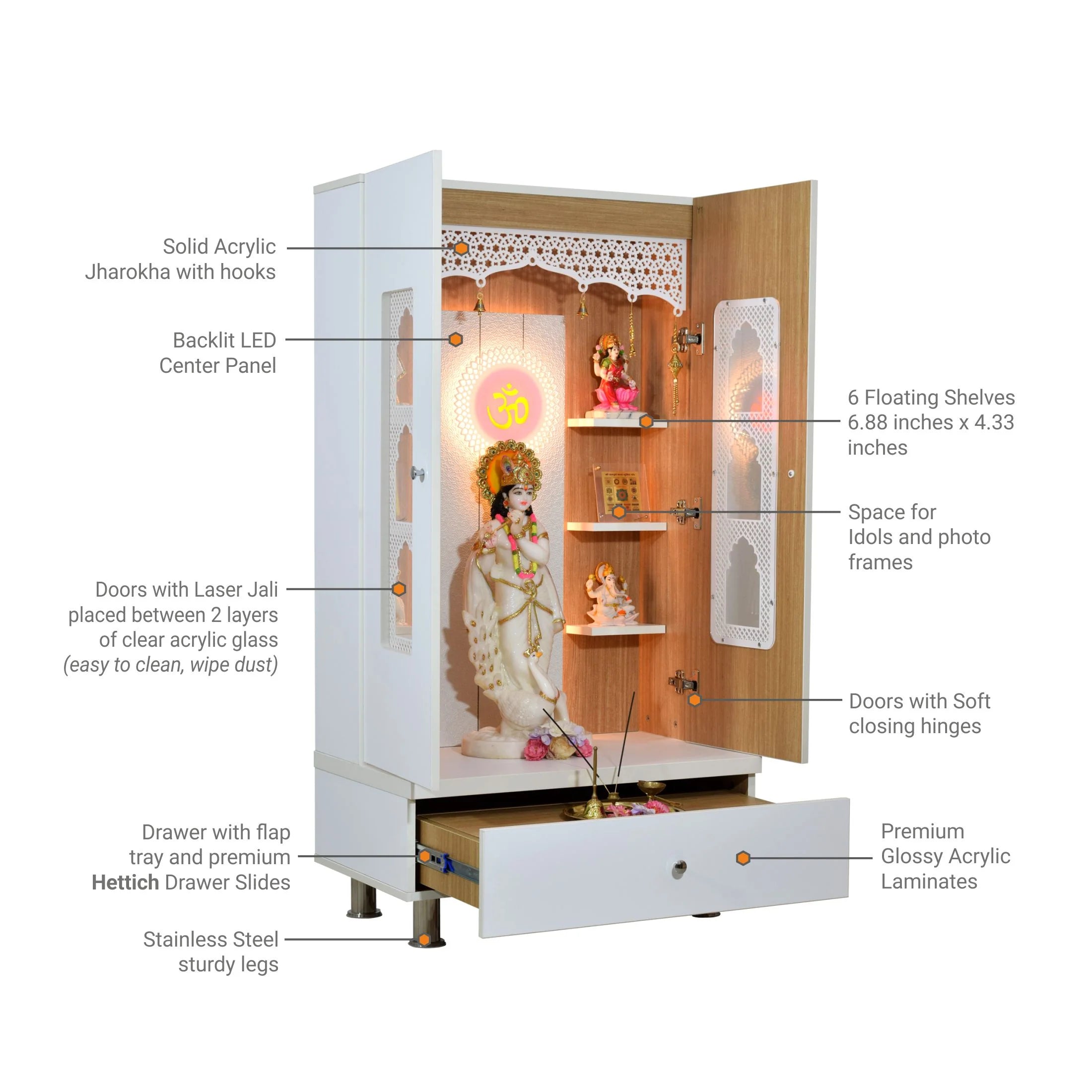 F C Premium Mandir for Home with LED Lighting & Drawer Storage