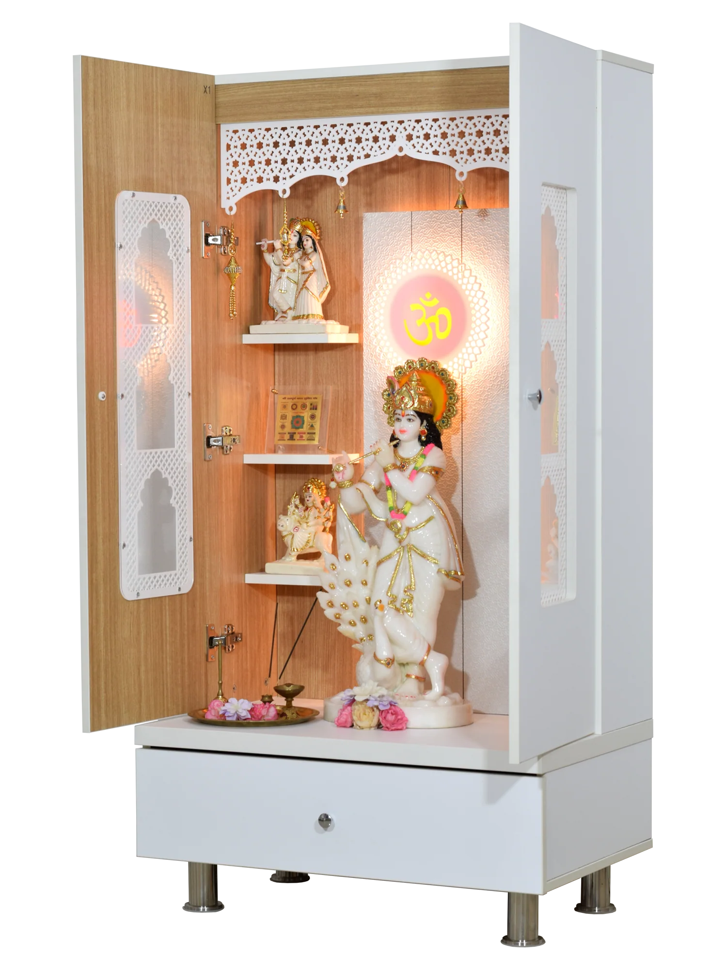 F C Premium Mandir for Home with LED Lighting & Drawer Storage