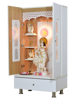 F C Premium Mandir for Home with LED Lighting & Drawer Storage