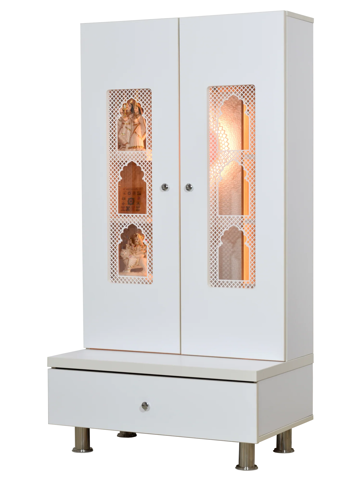 F C Premium Mandir for Home with LED Lighting & Drawer Storage