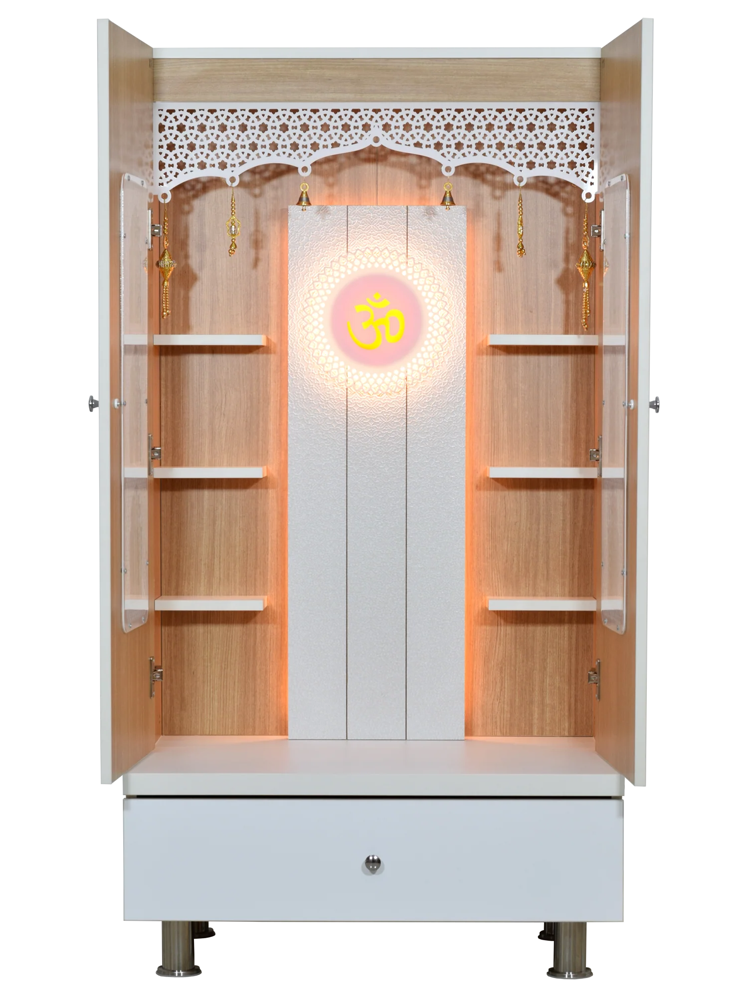 F C Premium Mandir for Home with LED Lighting & Drawer Storage