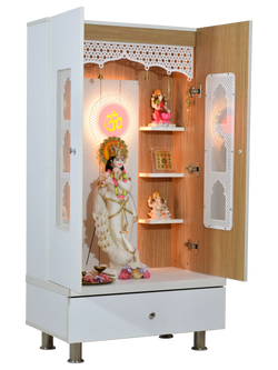 F C Premium Mandir for Home with LED Lighting & Drawer Storage