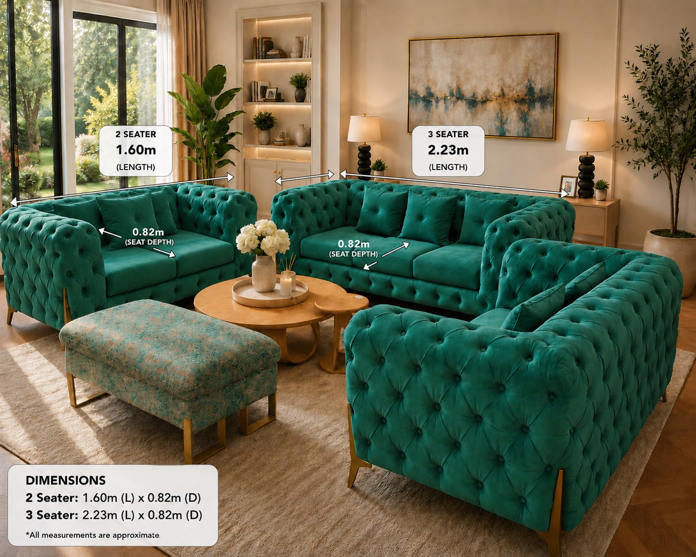 FC Sofa Green Velvet 3+2+2 Seater Velvet Lounge Suite (Melbourne only)
