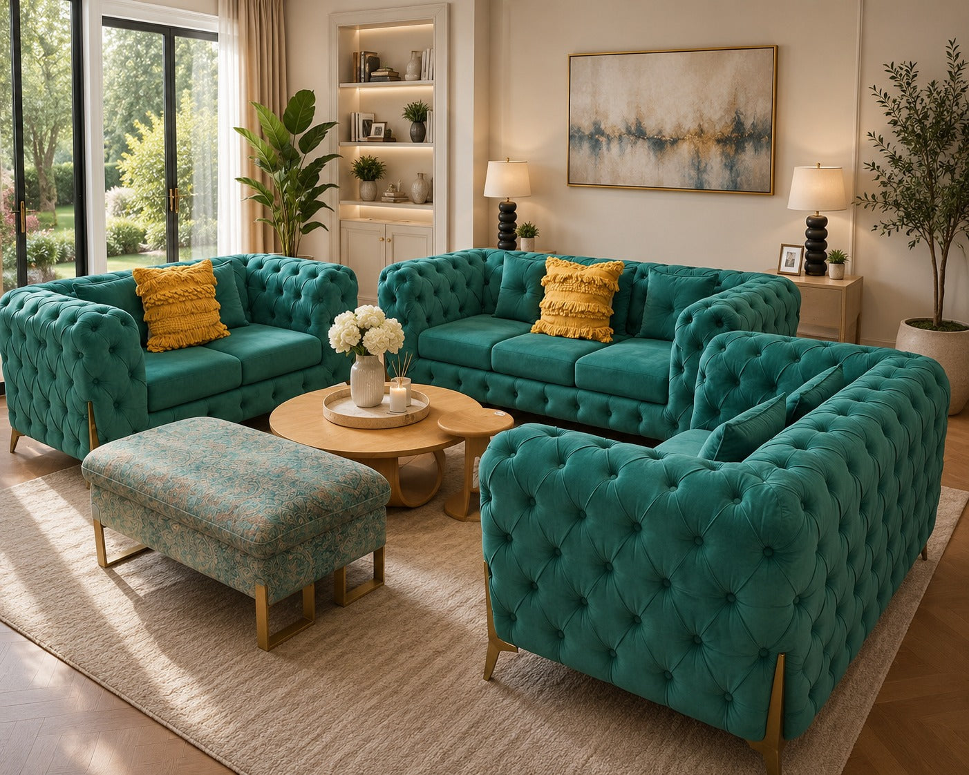 FC Sofa Green Velvet 3+2+2 Seater Velvet Lounge Suite (Melbourne only)