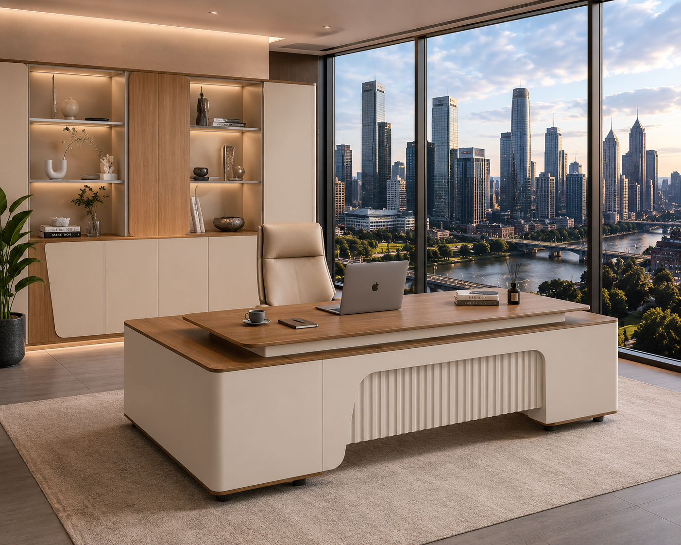 Flinders Grand Executive Desk 2.8m – Walnut & Elegance Grey With LED Panel