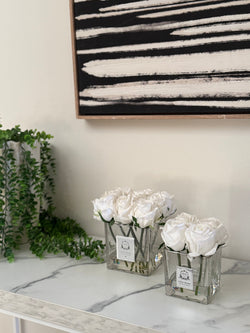 Cote Noire Couture 4 Rose Buds - Square Clear Vase - Silver & White - SVS401