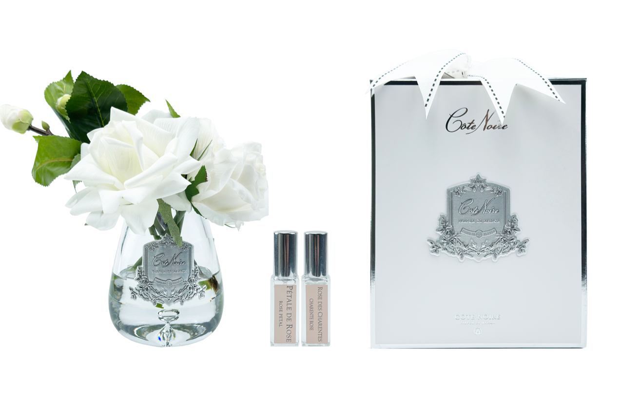 Cote Noire Tea Rose Bouquet Clear Tear Drop Glass - White - TR01