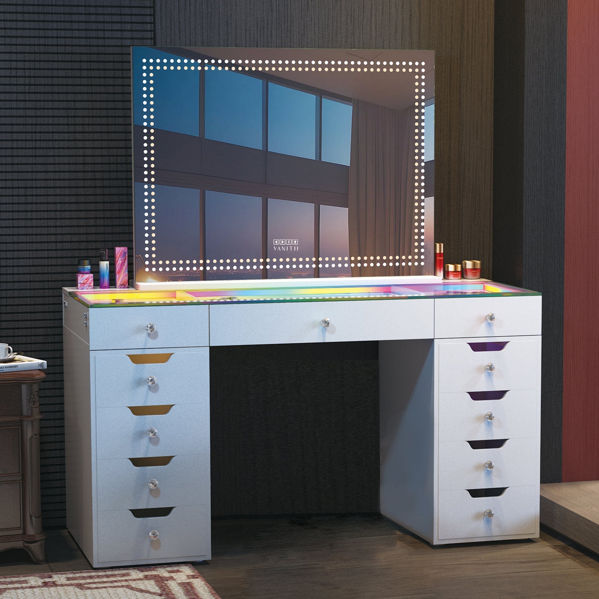 Eva Vanity Desk - 13 Storage Drawers with Full Light &RGB