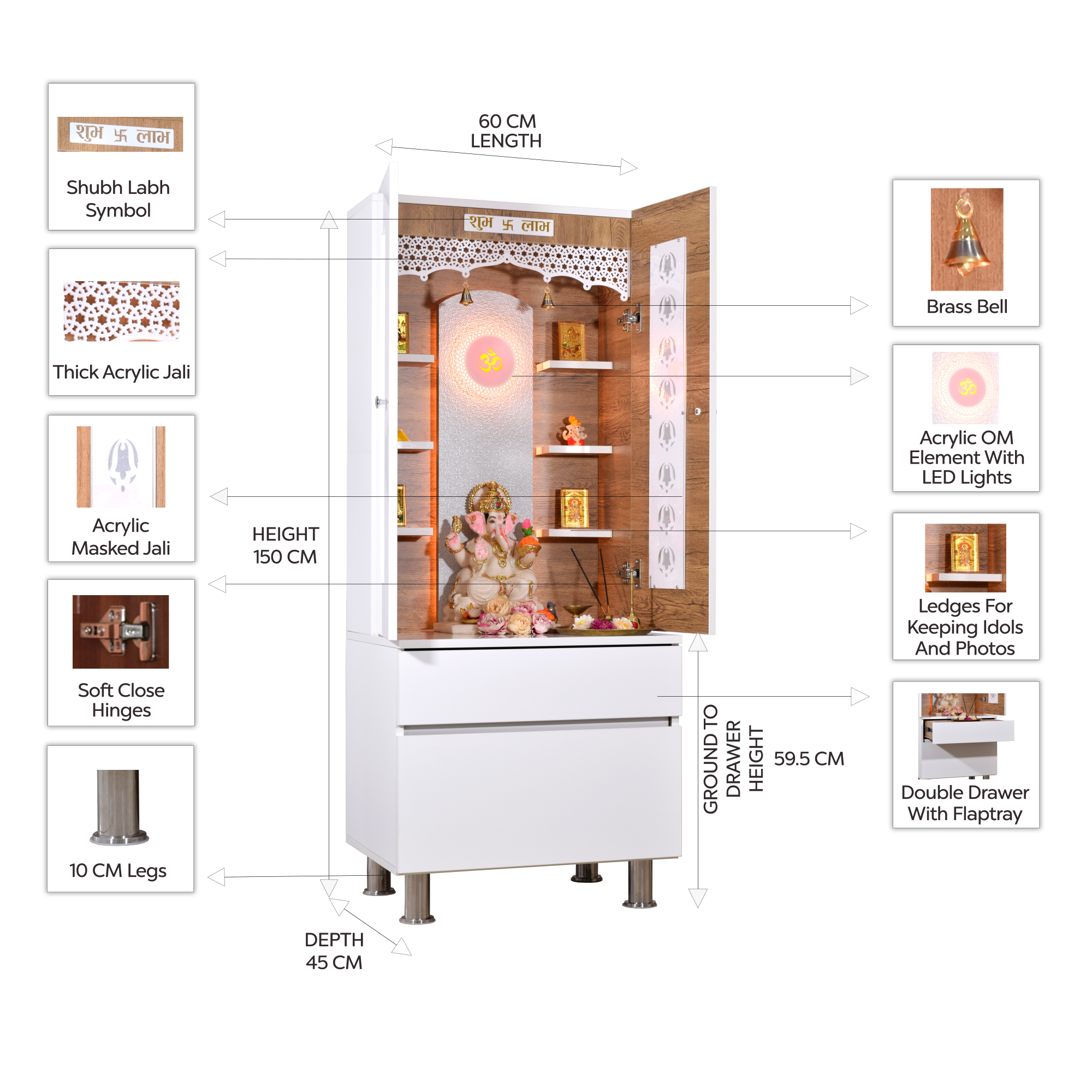 F C Wooden Mandir with doors 5' x 2'