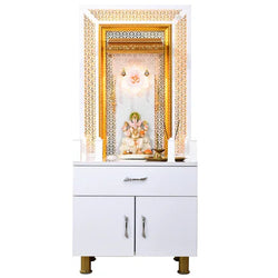 F C Wooden Pooja Mandir With Storage And Lighting White Glossy