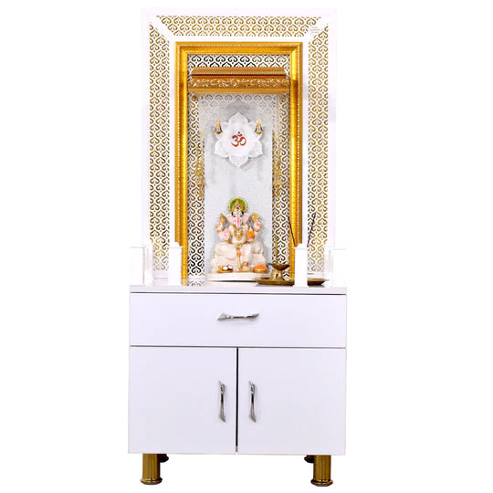 F C Wooden Pooja Mandir With Storage And Lighting White Glossy