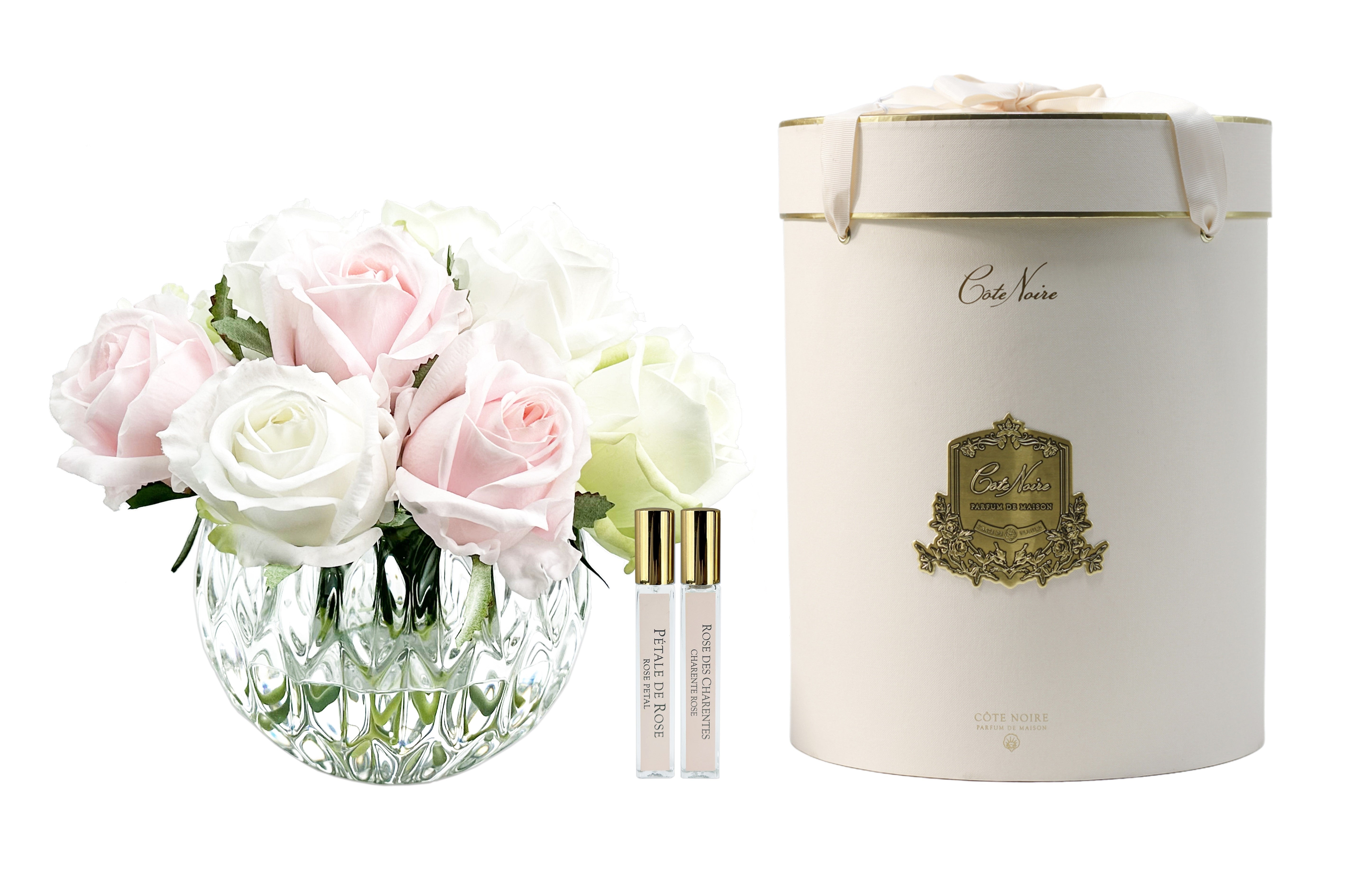 Cote Noire Luxury Round 13 Rose Buds Bouquet - French Pink, Green & White - RRB13