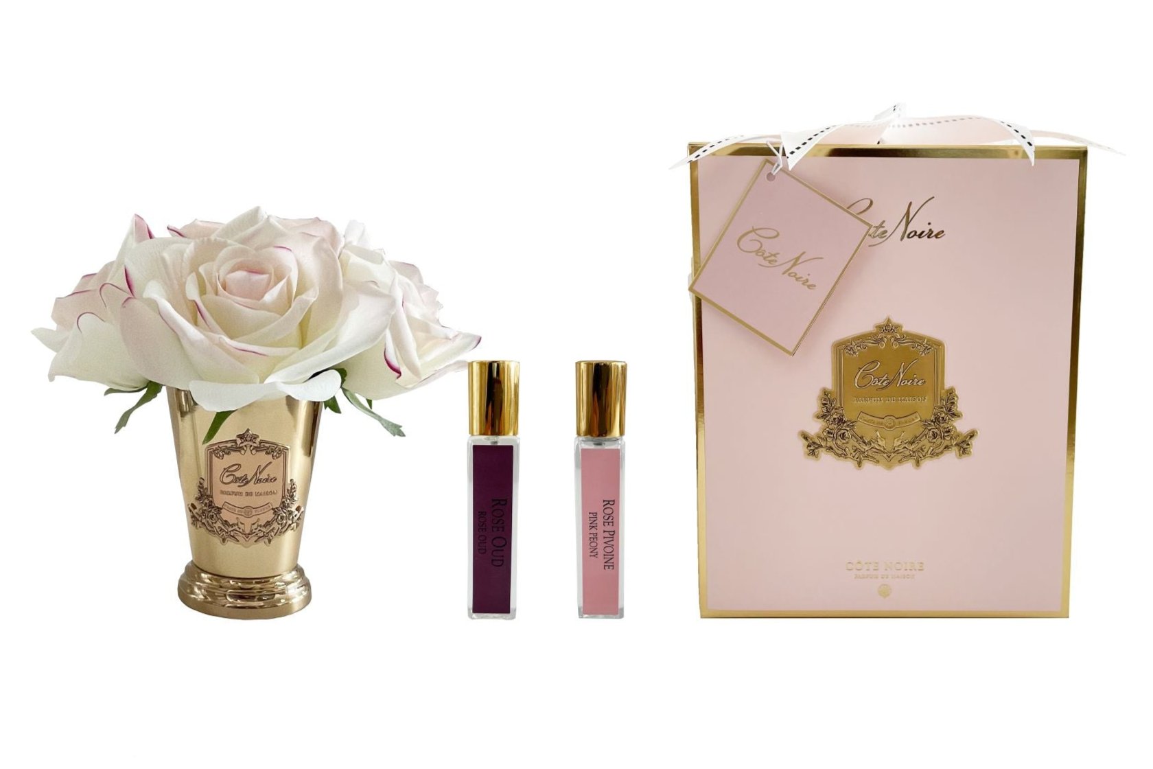Cote Noire Seven Rose Bouquet in Pink Blush - Pink Box - Gold Vase - SMB20