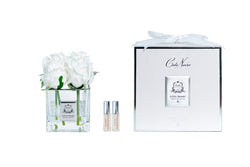 Cote Noire Couture 4 Rose Buds - Square Clear Vase - Silver & White - SVS401