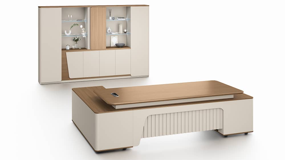 Flinders Grand Executive Desk 2.8m – Walnut & Elegance Grey With LED Panel