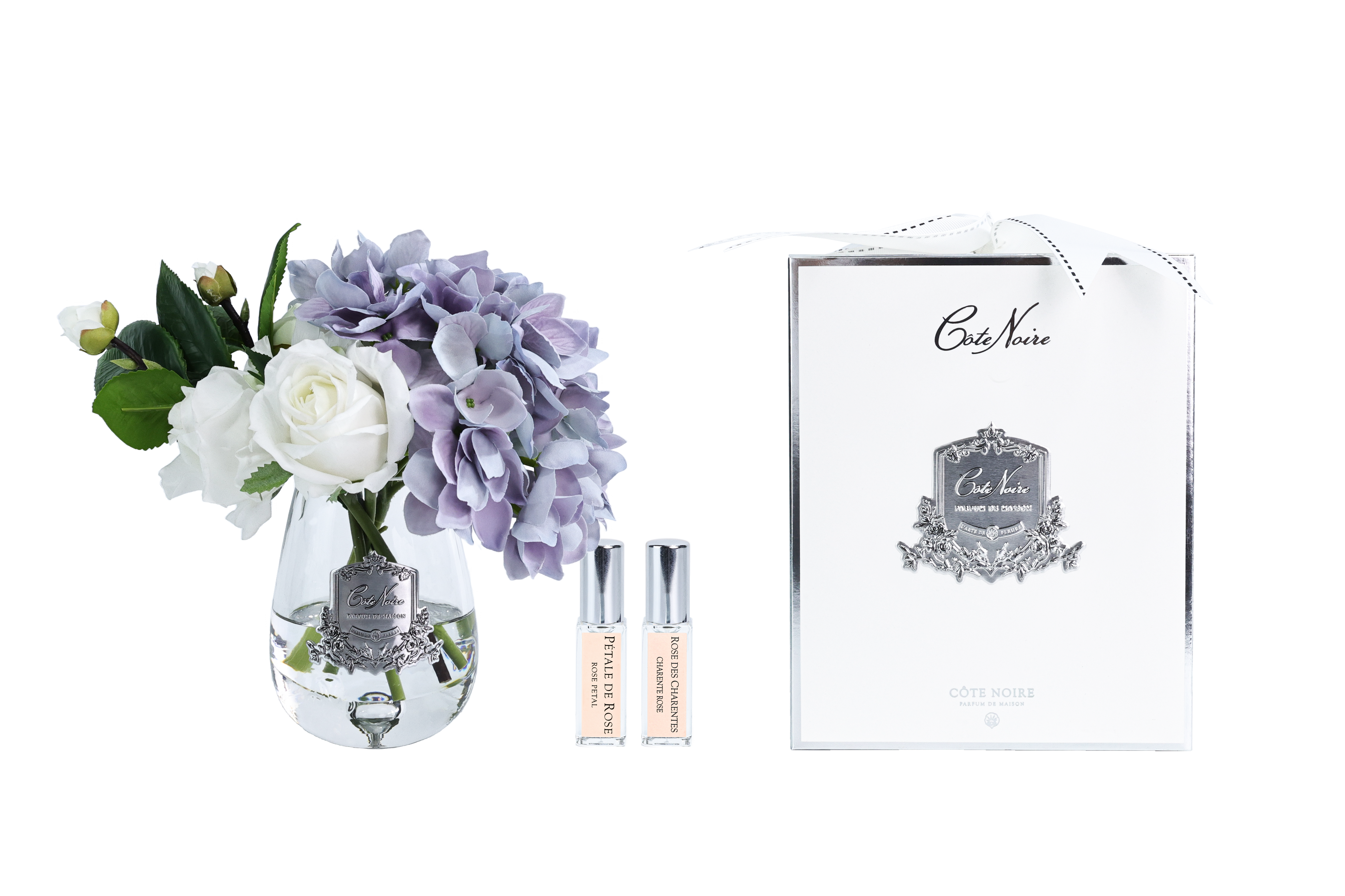 NEW - Cote Noire Tea Rose & Hydrangeas Bouquet - Clear -Blue & White - TRH05