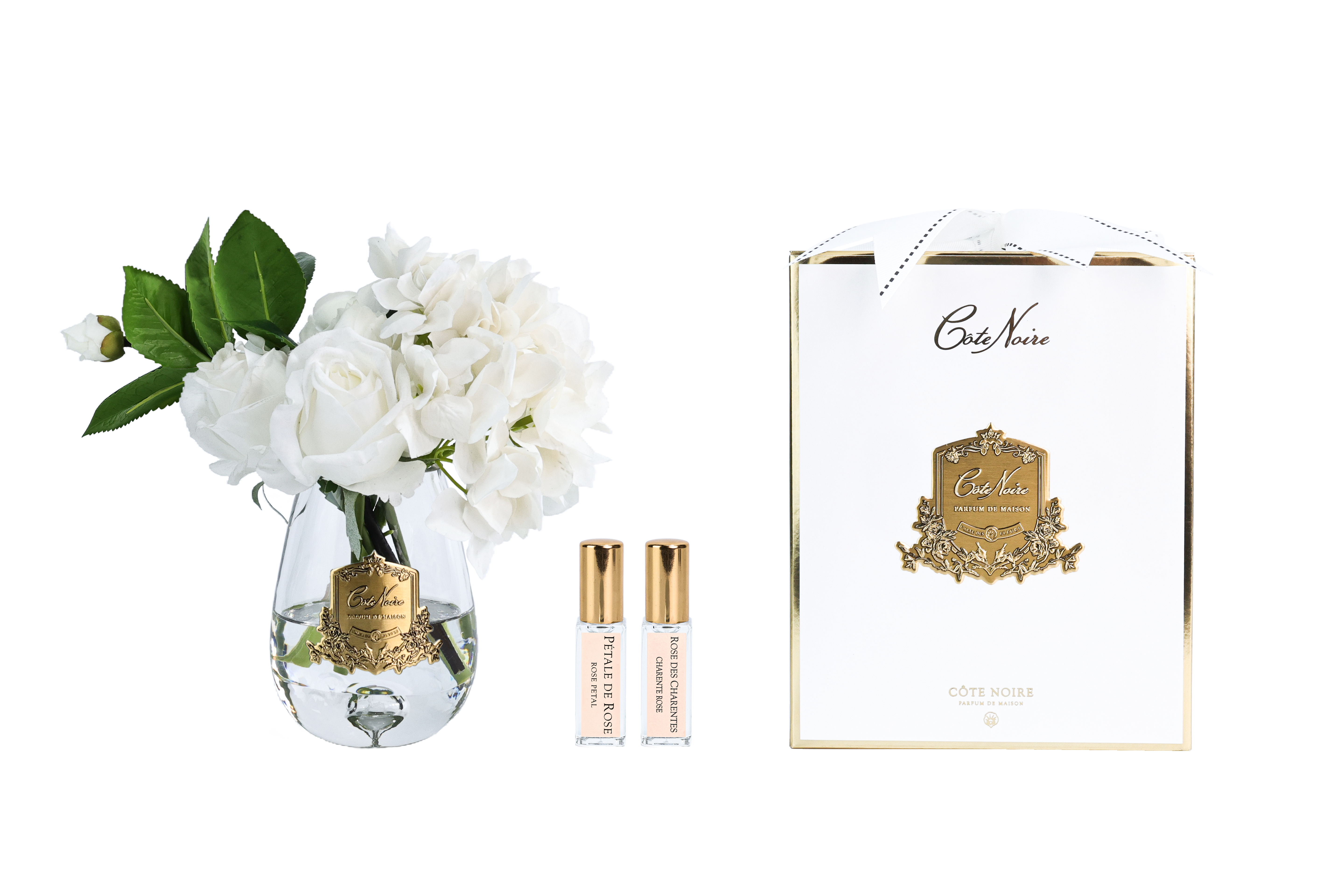 NEW - Cote Noire Tea Rose & Hydrangeas Bouquet - Clear - White - TRH01
