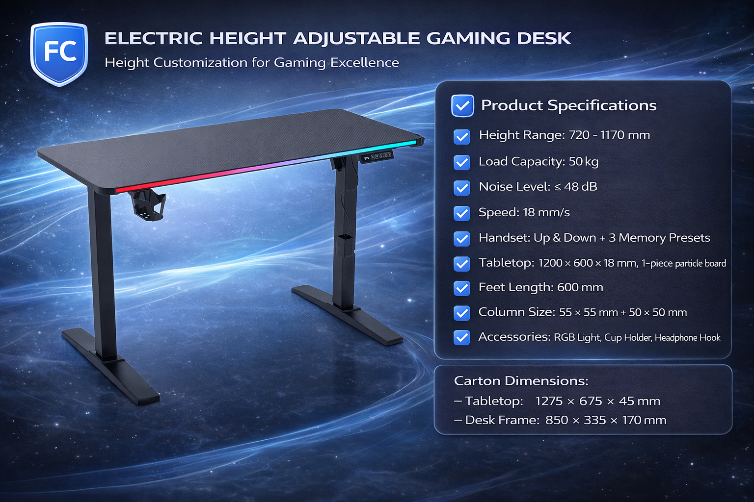 Tokyo Kento-DD Gaming Desk – Single Motor, Carbon Fiber Finish– by FC