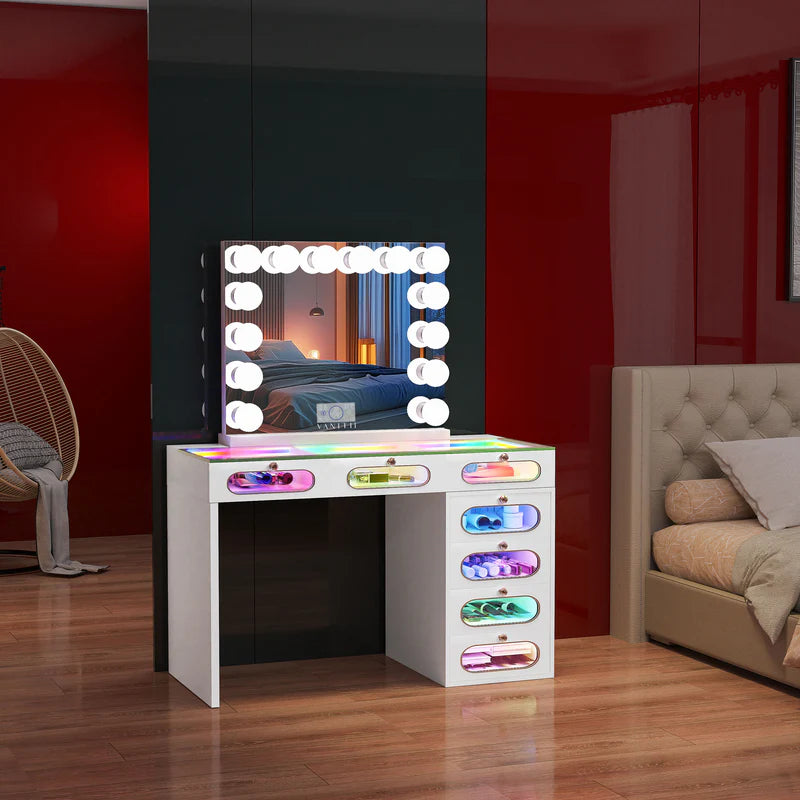 VANITII 7 Glass Fronted Drawers with Crystal Handles
