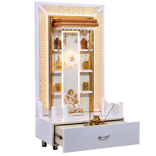 F C Home Temple Pooja Mandir With Floating Shelves, LED Lighting and Drawer Storage