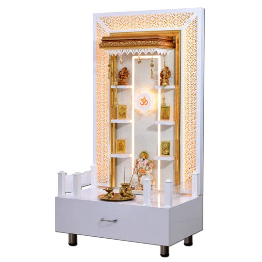 F C Home Temple Pooja Mandir With Floating Shelves, LED Lighting and Drawer Storage