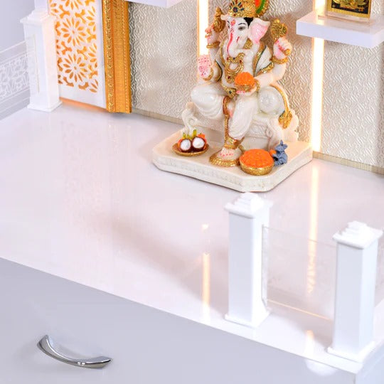 F C Home Temple Pooja Mandir With Floating Shelves, LED Lighting and Drawer Storage