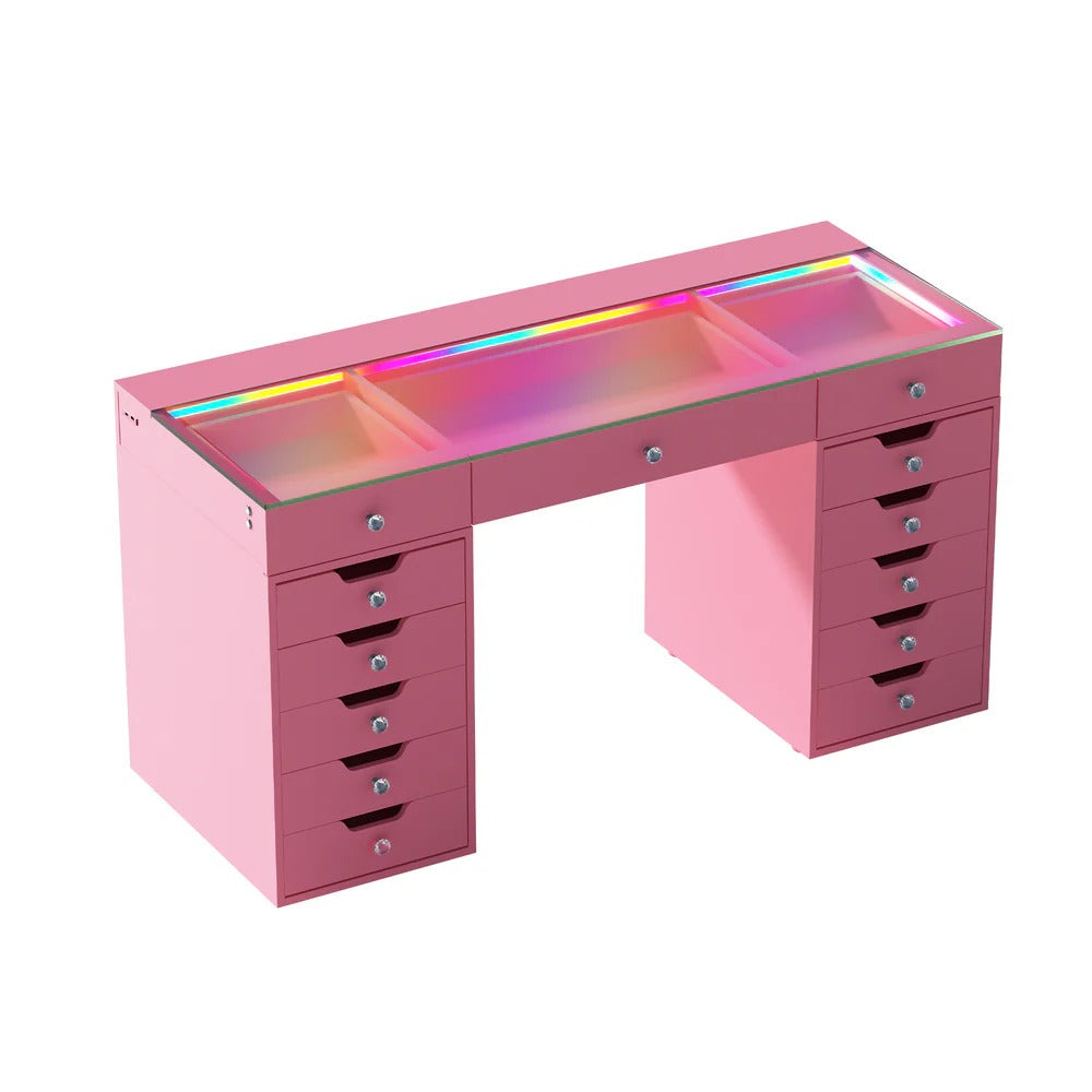 Eva-RGB Vanity Desk Pro - 13 Storage Drawers PINK