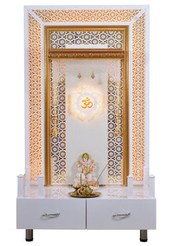 F C Large Pooja Mandir Wooden Temple In White with Twin Drawers Without Shelfs