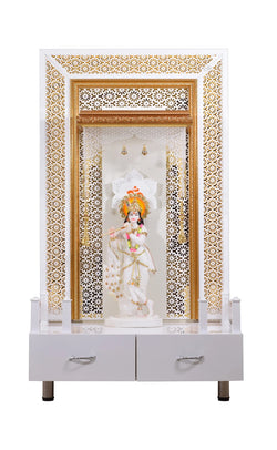 F C Large Pooja Mandir Wooden Temple In White with Twin Drawers Without Shelfs