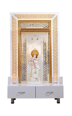 F C Large Pooja Mandir Wooden Temple In White with Twin Drawers Without Shelfs